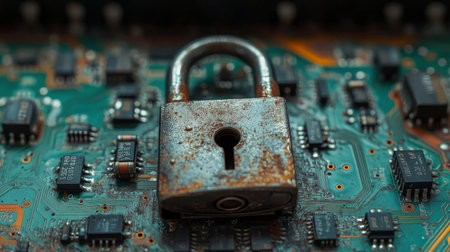 A metallic padlock sits securely on a microprocessor, symbolizing important concepts in digital security and data protection. The intricate circuit board glows softly, reflecting technologies future.の素材