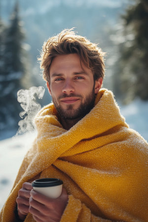 A young man stands outside in a snowy forest, wrapped in a bright yellow blanket. He holds a warm drink, exuding a sense of comfort amidst the winter landscape.の素材