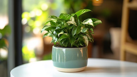 A small vibrant green plant sits in a white pot on a table, illuminated by warm sunlight streaming through large windows, creating a serene indoor atmosphere.の素材