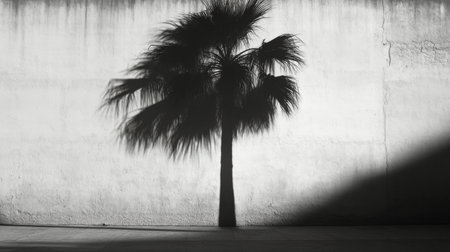 A detailed silhouette of a palm tree is displayed on a weathered wall, created by the warm light of the setting sun. The shadow emphasizes the natural beauty of the foliage and surrounding space.の素材