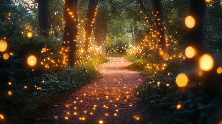 A winding path through a peaceful forest is adorned with soft, glowing fairy lights, creating a magical ambiance. The trees stand tall, and leaves cover the ground as dusk settles in.の素材