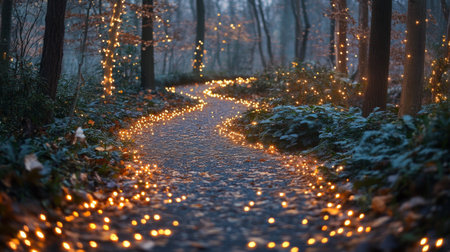 A winding path through a peaceful forest is adorned with soft, glowing fairy lights, creating a magical ambiance. The trees stand tall, and leaves cover the ground as dusk settles in.の素材