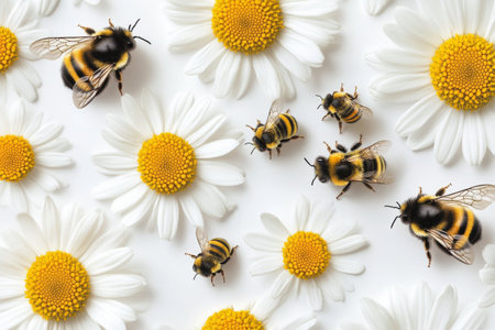 A group of bees actively pollinates vibrant daisies in a sunny garden. The cheerful flowers create a lively atmosphere, showing the essential role of bees in nature.の素材