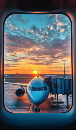 A bright sunrise casts colorful hues over the sky as an airplane sits at the gate, preparing for departure. The atmosphere is serene, signaling the start of a new travel day.の素材