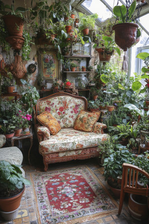 A charming living space features a vintage couch surrounded by lush greenery and potted plants. Sunlight floods the room, highlighting the beautiful decor and inviting atmosphere.の素材