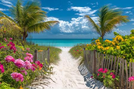 A narrow sandy path bordered by colorful flowers leads toward a calm turquoise sea. Lush tropical plants and palm trees frame the view under a bright blue sky filled with fluffy clouds.の素材