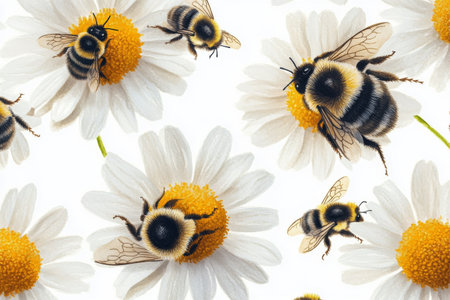 A group of bees actively pollinates vibrant daisies in a sunny garden. The cheerful flowers create a lively atmosphere, showing the essential role of bees in nature.の素材