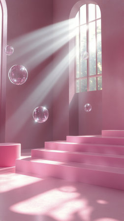 A serene atmosphere is created in this bright pink room where sunlight filters through a large window, illuminating floating bubbles drifting gently in the air.の素材