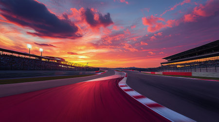 A stunning sunset paints the sky with vibrant colors as the racing track prepares for an exciting event. Spectators eagerly await the start beneath a breathtaking display of natural beauty.の素材