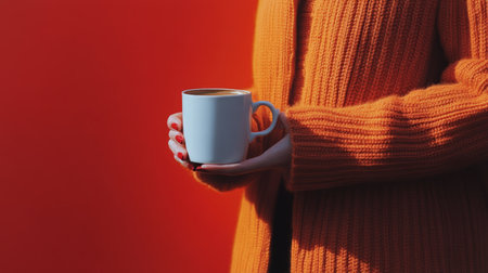 A person stands in a bustling city street, holding a disposable coffee cup with both hands.の素材
