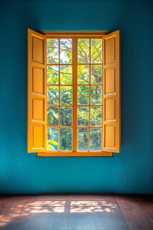 Natural light streams through a large window, illuminating a room with blue walls. Green foliage outside adds vibrancy, creating a warm and inviting atmosphere.の素材