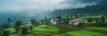 The tranquil rural landscape features lush green terraced fields that stretch across rolling hills. Small houses are nestled between the vibrant crops, enveloped in morning mist.の素材