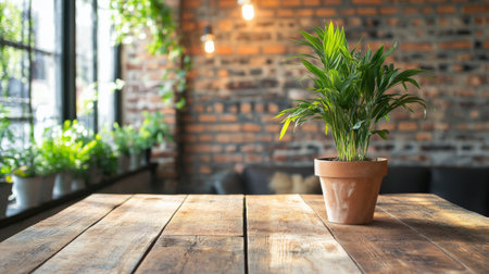 A vibrant indoor area showcases a potted plant atop a wooden table. The backdrop features a mix of lush greenery and warm lighting, creating a cozy atmosphere.の素材