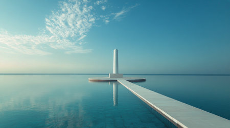 A tall, white obelisk stands prominently amidst calm waters, reflecting its silhouette. The pristine blue sky above completes this serene, minimalist landscape at dawn.の素材