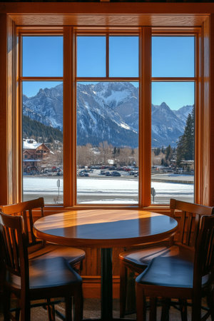 A beautifully arranged round dining table sits in a modern space, with two chairs and a scenic backdrop of snow capped mountains. Natural light brightens the cozy interior.の素材