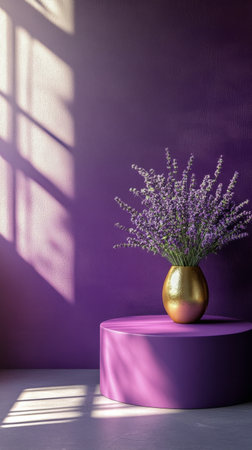 A stunning lavender bouquet rests elegantly in a golden vase, positioned in a light purple nook. Soft sunlight illuminates the relaxing scene, creating gentle shadows.の素材