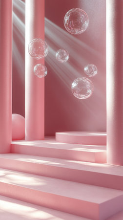 A serene atmosphere is created in this bright pink room where sunlight filters through a large window, illuminating floating bubbles drifting gently in the air.の素材