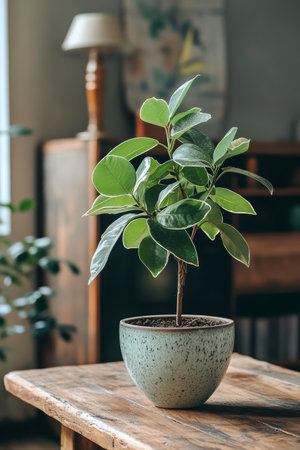 A vibrant indoor plant with lush green leaves is displayed in a simple ceramic pot atop a wooden table. The rustic background adds a charming touch to the setting.の素材