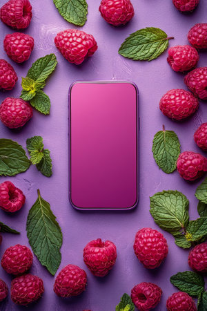 A smartphone rests on a rich purple backdrop, surrounded by fresh raspberries and green leaves. The arrangement highlights the vibrant colors and textures present in the composition.の素材