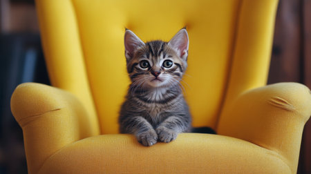 A charming orange tabby kitten sits on a vibrant yellow armchair, gazing curiously around its bright and cheerful living space, showing its playful personality.の素材