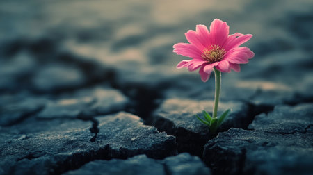 A resilient pink flower emerges from dry, cracked soil, showing natures ability to thrive in challenging conditions. This moment highlights the beauty and strength of life.の素材