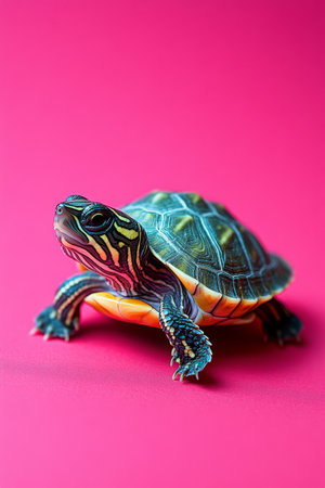A turtle is positioned on a bright pink surface, showing its distinct shell patterns and colors. The indoor lighting illuminates the turtle, creating a striking contrast with the background.の素材