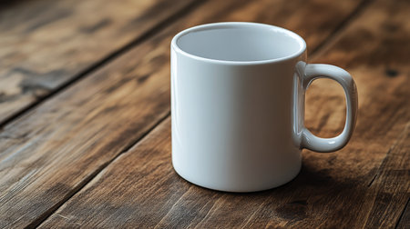 A plain white mug sits on a rustic wooden table, surrounded by a warm and inviting atmosphere illuminated by daylight, perfect for enjoying a hot beverage.の素材