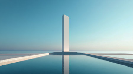 A tall, white obelisk stands prominently amidst calm waters, reflecting its silhouette. The pristine blue sky above completes this serene, minimalist landscape at dawn.の素材