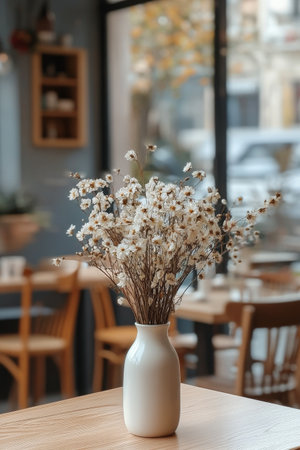 A charming cafe setting includes a vase filled with dried white flowers placed on a wooden table. Natural light streams in through large windows, enhancing the warm atmosphere.の素材