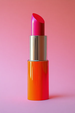 A bold red lipstick is positioned on a bright pink platform, showing its sleek design and vibrant color. The lighting highlights its shine and texture, creating a striking visual effect.の素材