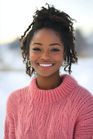 A young woman with curly hair wears a cozy pink sweater while smiling joyfully in a snowy landscape. The soft sunlight highlights her cheerful expression and delicate earrings.の素材