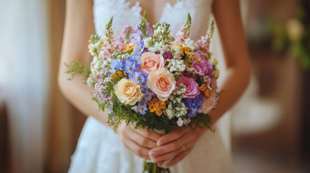 A bride stands gracefully, holding a lush bouquet filled with various colorful flowers. The warm, mellow light enhances the romantic atmosphere in the lovely venue.の素材