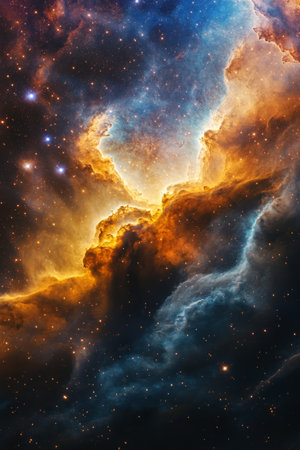 Numerous stars shine brightly in deep space, surrounded by colorful cosmic gas. The cluster showcases brilliant hues of orange, blue, and white, revealing the wonders of the universe.の素材