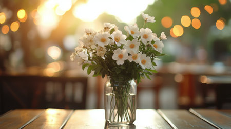 A glass jar filled with white flowers sits on a rustic wooden table, illuminated by warm sunlight in an outdoor cafe. The soft glow of sunset and bokeh lights create a serene atmosphere.の素材