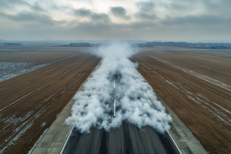 Vapor clouds move across the runway of a large airfield with fields stretching out in the background. The scene captures a clear day with wispy clouds in the sky.の素材