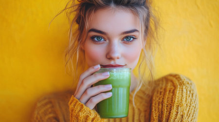 A young woman with striking blue eyes holds a green smoothie close to her mouth while posing in front of a bright yellow wall. She wears a cozy sweater and displays a relaxed expression.の素材