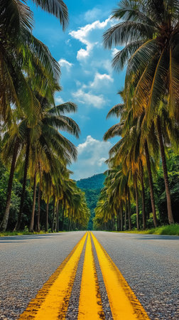 A vibrant road stretches ahead, flanked by tall palm trees reaching towards a bright blue sky with fluffy clouds. Lush greenery creates a serene backdrop, enhancing the tropical atmosphere.の素材