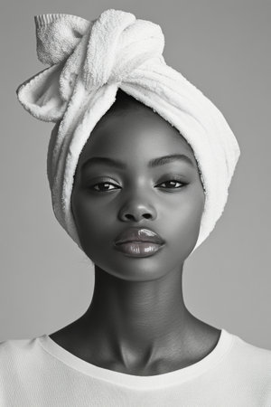 A woman with smooth skin and closed eyes reflects on beauty while wrapped in a white towel. The soft lighting enhances her features and creates a calm ambiance.の素材