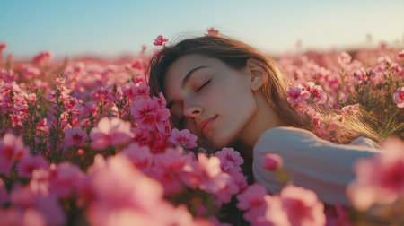A young woman lies back among vibrant pink flowers, enjoying the warmth of the sun and the fresh air. The sky is clear and filled with fluffy clouds, creating a peaceful atmosphere.の素材