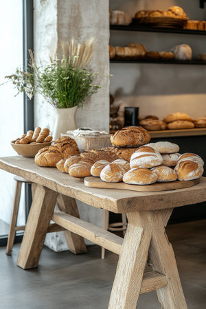 A variety of breads and pastries are artistically arranged on a wooden table, with fresh flowers adding charm. The setting is warm and inviting, exuding a cozy bakery atmosphere.の素材