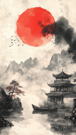 A serene landscape showcases a pagoda by a tranquil body of water, framed by mountains and a vibrant sunset. Birds fly across the sky, adding to the peaceful atmosphere.の素材