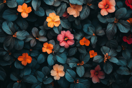 Delicate blossoms in shades of red, pink, and blue are surrounded by deep green leaves, creating a lively and tranquil atmosphere in a garden. The flowers showcase natures beauty.の素材