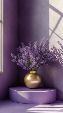 A stunning lavender bouquet rests elegantly in a golden vase, positioned in a light purple nook. Soft sunlight illuminates the relaxing scene, creating gentle shadows.の素材