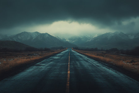 A long, wet road stretches into a dark landscape, flanked by grass. Ominous clouds hover over distant snow capped mountains, creating a dramatic atmosphere.の素材