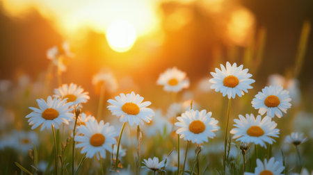 A variety of white daisies with yellow centers flourish in a field lit by the warm glow of a sunset. The sun sets behind trees, casting a golden hue over the landscape.の素材