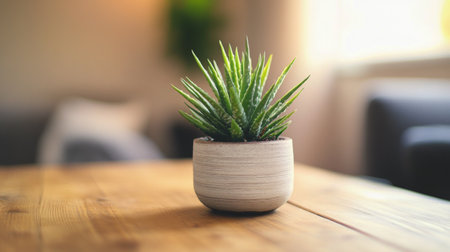 A vibrant indoor area showcases a potted plant atop a wooden table. The backdrop features a mix of lush greenery and warm lighting, creating a cozy atmosphere.の素材