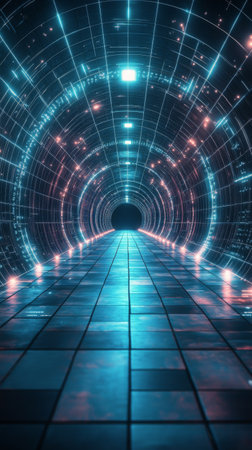 This captivating tunnel features a series of glowing blue archways, creating an ethereal ambiance. The illuminated path draws the viewers eye into the mysterious depths ahead.の素材