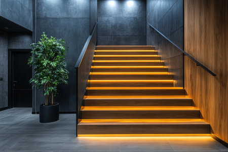 A stylish staircase with wooden steps illuminated by soft warm lights leads to an upper floor in a sleek modern building. The surrounding walls are adorned with dark panels, enhancing the ambiance.の素材