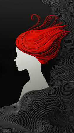 A slender silhouette of a woman stands gracefully, her long red hair flowing in the wind. She is positioned against a dark backdrop, highlighted by a vibrant red moon and swirling patterns.の素材
