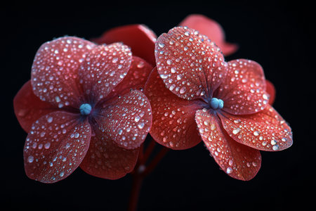 Bright red flowers with intricate petals are enhanced by tiny dewdrops, showing their beauty against a dark background. The scene captures the freshness of dawn, highlighting natures detail.の素材